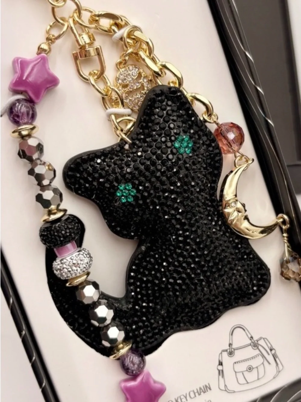 Eyecandy Black Rhinestone Cat Keychain with Charms